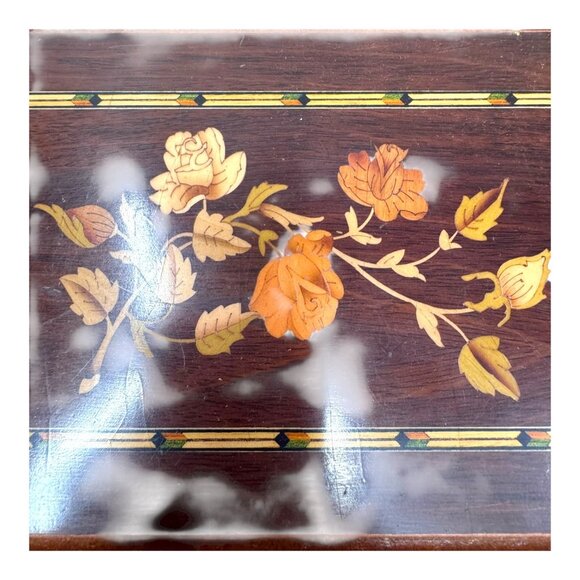 Exquisite Mahogany Wooden Jewelry Box Floral Marquetry Inlay & Mirror Interior - Picture 4 of 11